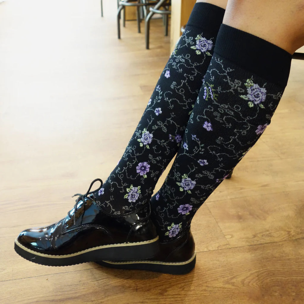 Dr. Motion Women's Pretty Floral Knee High Compression Socks - Black - Lenny's Shoe & Apparel