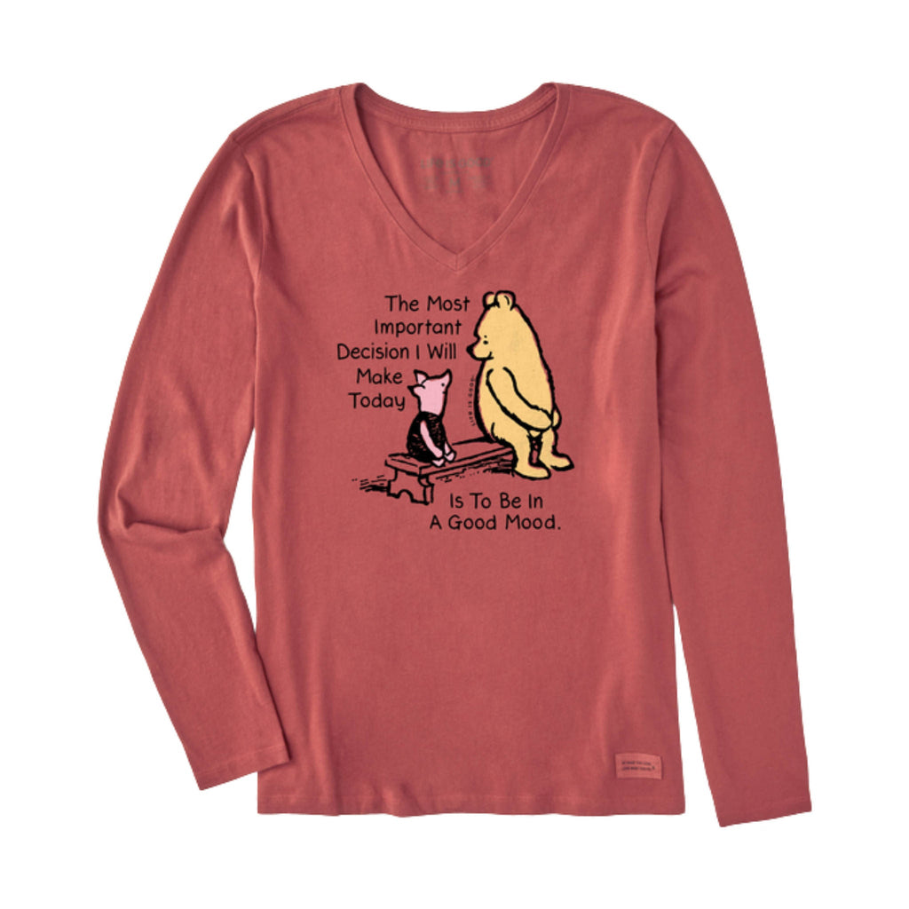 Life Is Good Women's Winnie and P Good Mood Long Sleeve Crusher Vee - Faded Red FINAL SALE - Lenny's Shoe & Apparel